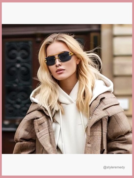 Rimless Rectangle Sunglasses with Wooden Arms and Leopard Pattern